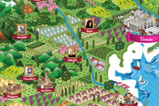 Porzione della mappa d'Italia con focus su zona Venezia ed entroterra con icone di autori famosi