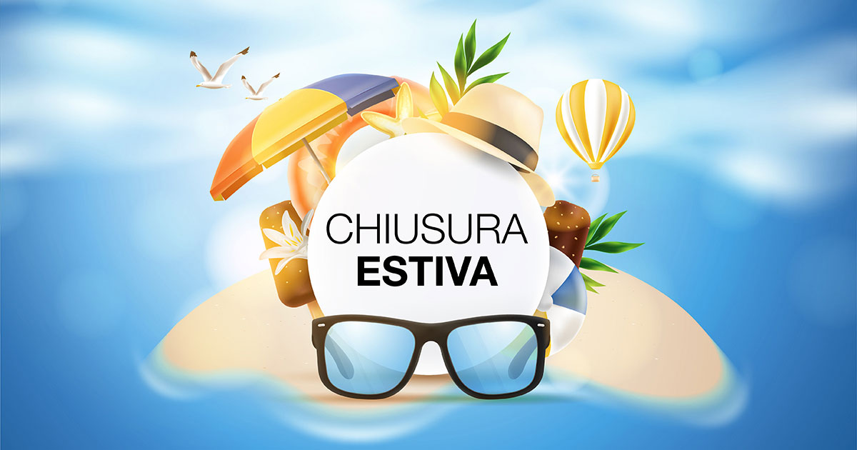 Chiusura estiva Immagine grafica usata per news chiusura estiva, con elementi tipici dell'estate al mare appoggiati su un'isola di sabbia