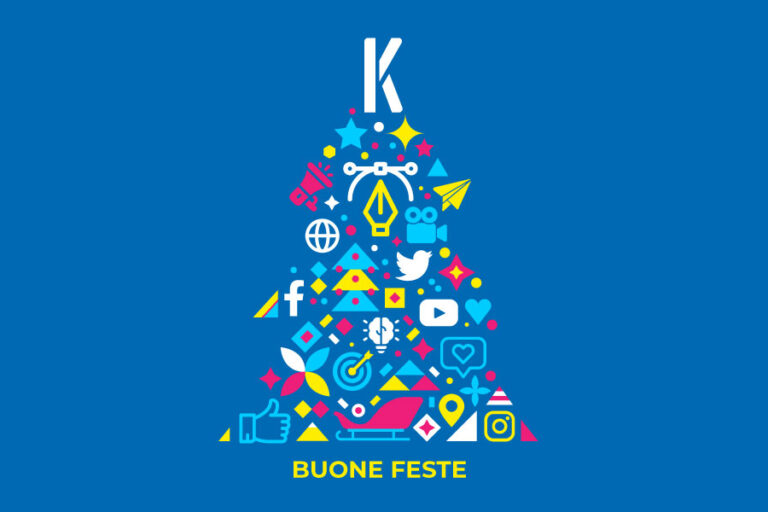 Immagine di albero Natalizio stilizzato ed in infografica con colori blu, gialli, pink