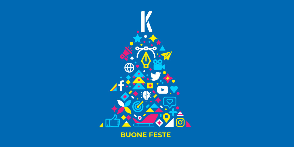 Auguri 2022 Kaiti Immagine di albero Natalizio stilizzato ed in infografica con colori blu, gialli, pink