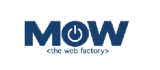 logo MOW - the web factory - Scritta blu scuto con iscritta nella O icona del tasto accensione spegimento di un dispositivo elettronico
